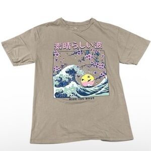 Graphic Tee with Wave and Cherry Blossom Design